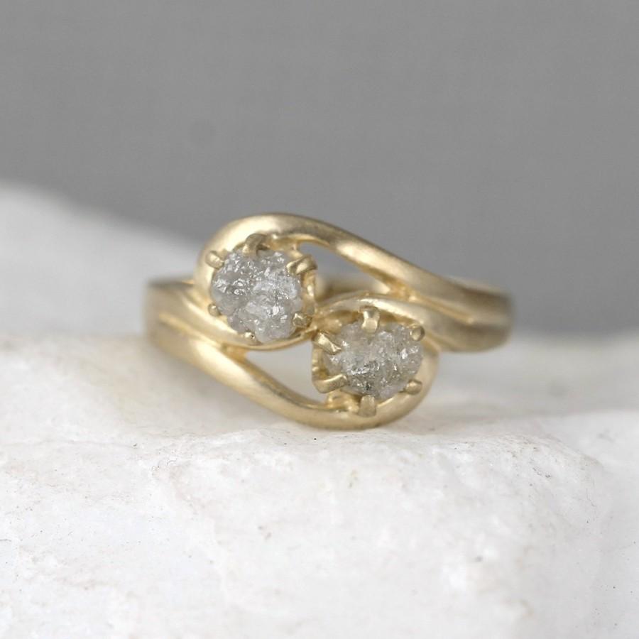 Свадьба - Two Stone Raw Diamond Engagement Ring & Wedding Band Set - 2 Uncut Rough Diamonds - Forever and Always - Diamond Duo Rings - 14K Yellow Gold