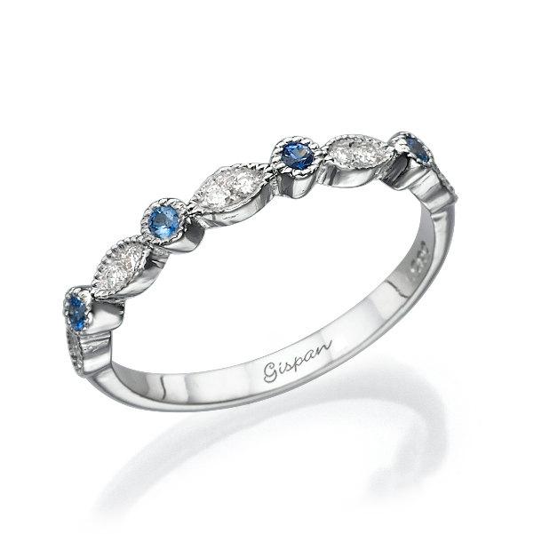 زفاف - Unique Wedding Band, Wedding Ring, Blue Sapphire Ring, Gem Ring, Eternity ring, 14k White Gold Ring, Promise Ring, Delicate Ring, Leaf Ring