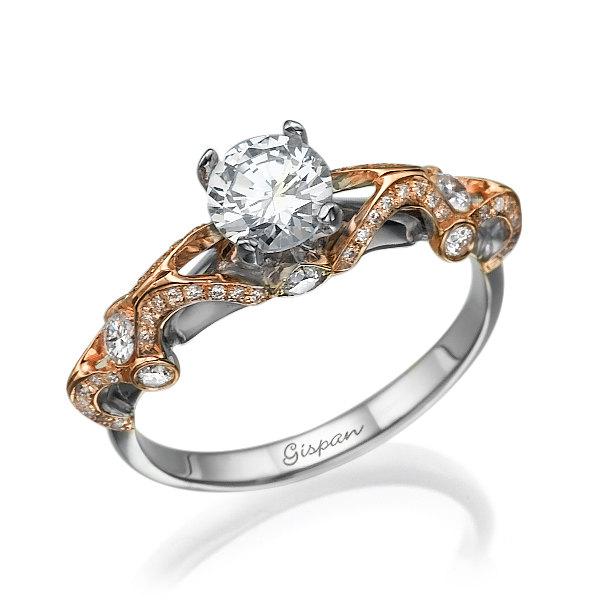 زفاف - Engagement Ring 14k White Gold And Rose Gold Set With Diamonds, Vintage Ring , Art Deco Ring, Unique Engagement Ring, Antique ring