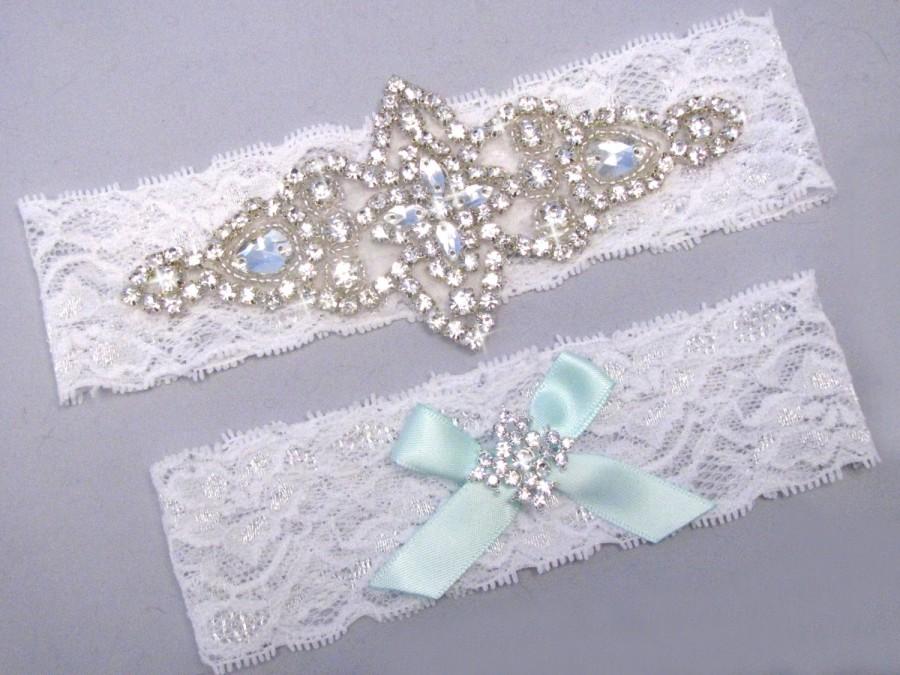 Hochzeit - Something Blue Wedding Garters, Ivory / White Lace Keepsake / Toss Bridal Garter Set, Crystal Rhinestone Custom Garter, Petite to Plus Size