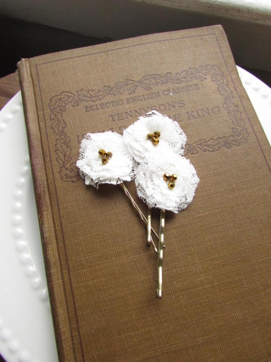 Wedding - Set 3 Vintage Style Lace Wedding Hair Accessories, White Ivory lace Bridal Hair Pins, Small Floral Hairpiece, Boho Bride Bobby, Hair Piece