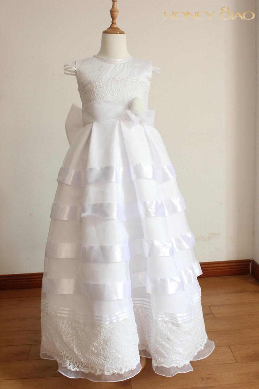 Wedding - Flower Girl White Dress, Children Dresses, A Line Bow Girl Gown, Pageant Dress, Tiered Princess Dress, Skirt