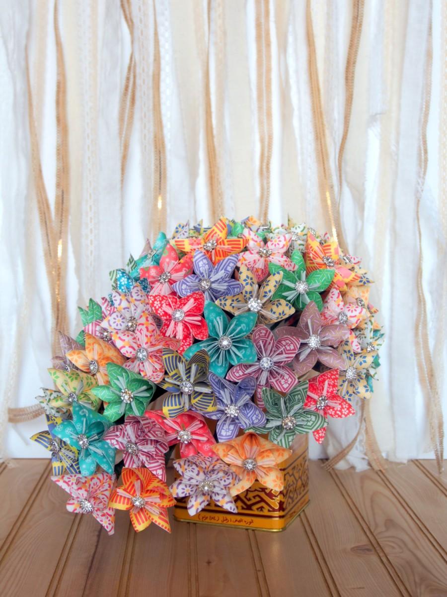 Wedding - Unique Paper Origami Rhinestone Kusudama Cascading Bridal Bouquet