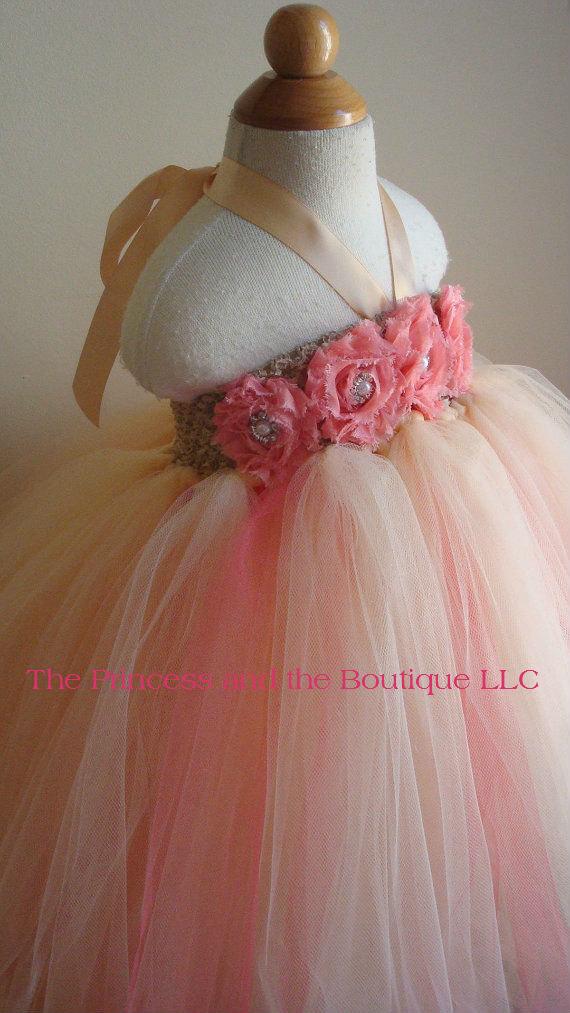 Mariage - Flower girl dress champagne, coral tutu dress, roses, baby tutu dress, toddler tutu dress,newborn-24, 2t,2t,4t,5t, birthday