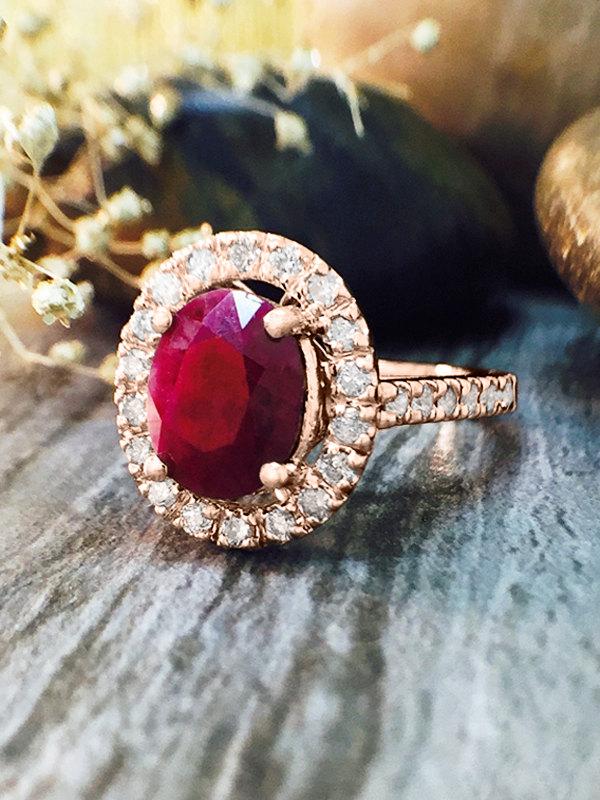 زفاف - Ruby and Diamond Halo Engagement <Prong> Solid 14K Rose Gold (14KR) Affordable Colored Stone Wedding Ring *Fine Jewelry* (Free Shipping)
