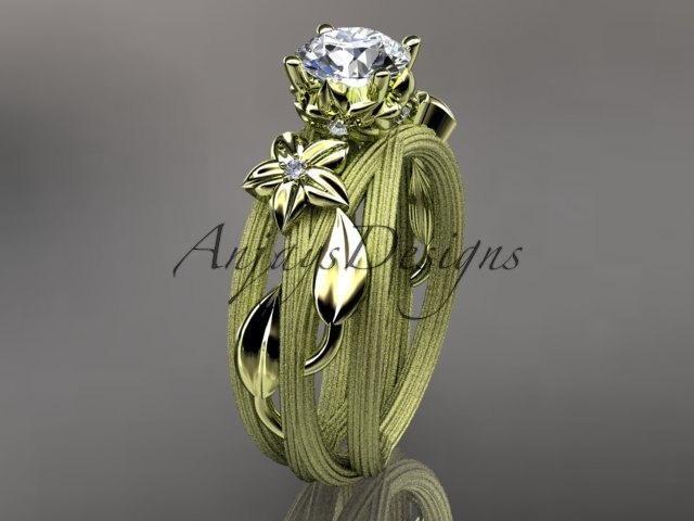 زفاف - 14kt  yellow gold diamond floral, leaf and vine  wedding ring, engagement ring ADLR253