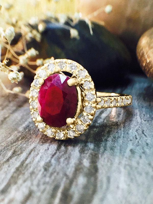 زفاف - Ruby and Diamond Halo Engagement <Prong> Solid 14K Yellow Gold (14KY) Affordable Colored Stone Wedding Ring *Fine Jewelry* (Free Shipping)