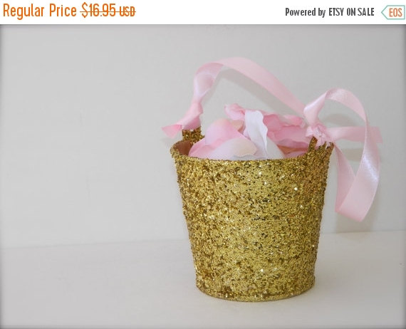 زفاف - Flower Girl Basket + Gold Glitter Flower Girl Basket with Ribbon Handle