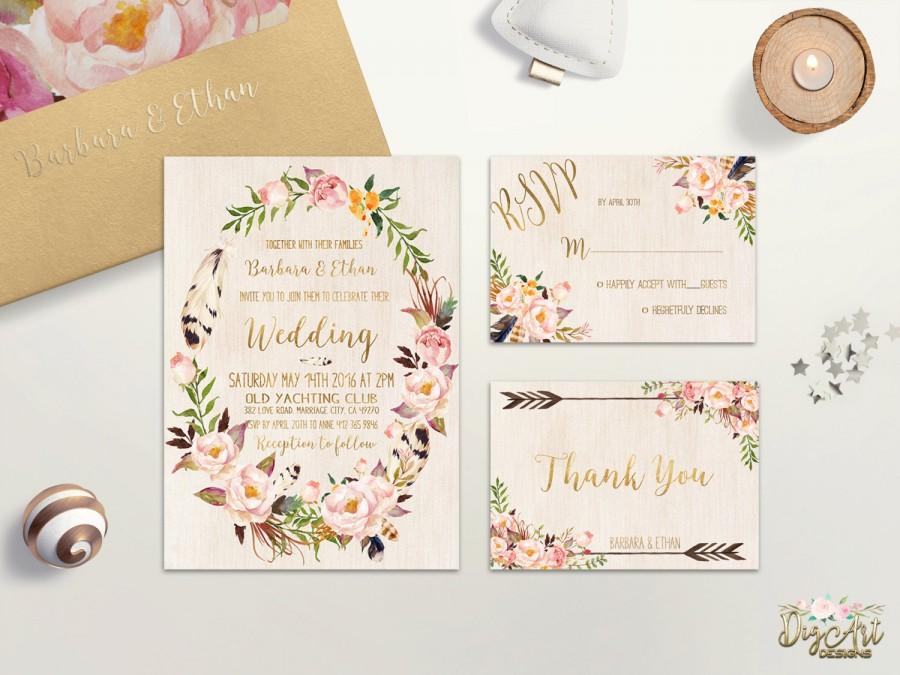 Hochzeit - Floral Wedding Invitation Printable Bohemian Wedding Invitation Suite Blush Pink Gold Wedding Invite Spring Summer Boho Wedding Digital FIle