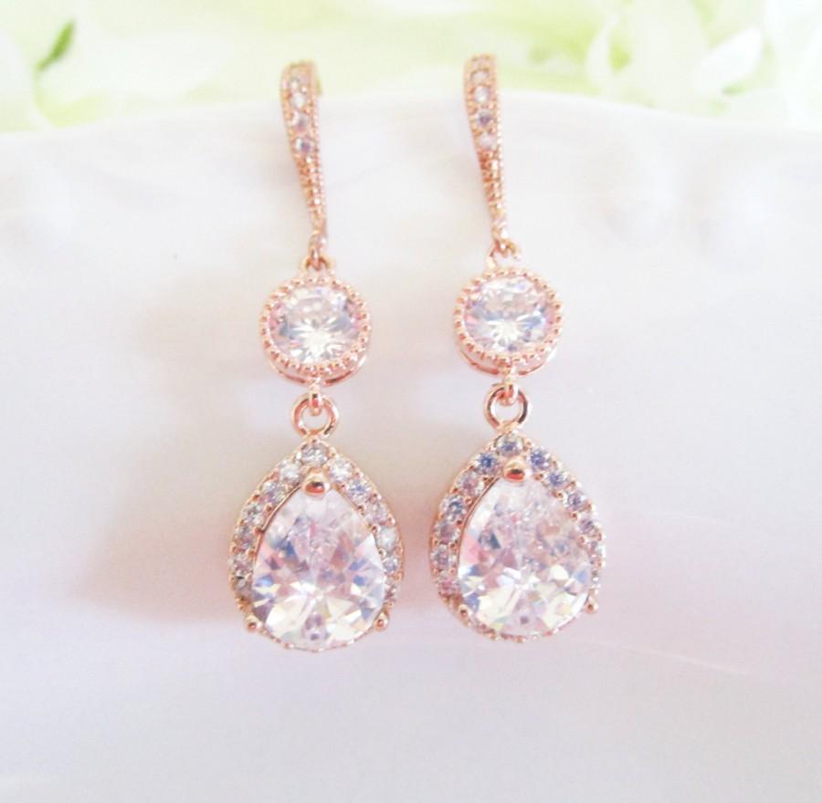 Mariage - Cubic Zirconia Teardrop Earrings,Rose Gold Bridal Earrings, Rose Gold Wedding Jewelry,Crystal Bridal Earrings,Bridal Jewelry, ABRI