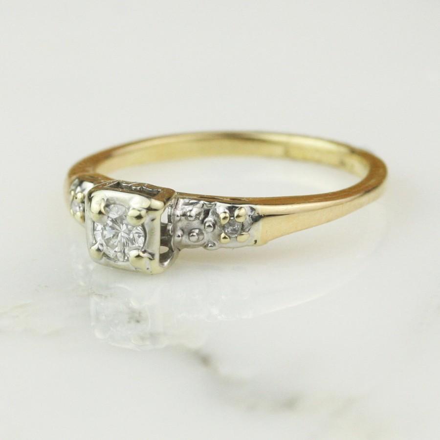 زفاف - Vintage Diamond Engagement Ring with Side Diamonds in 14k White and Yellow Gold