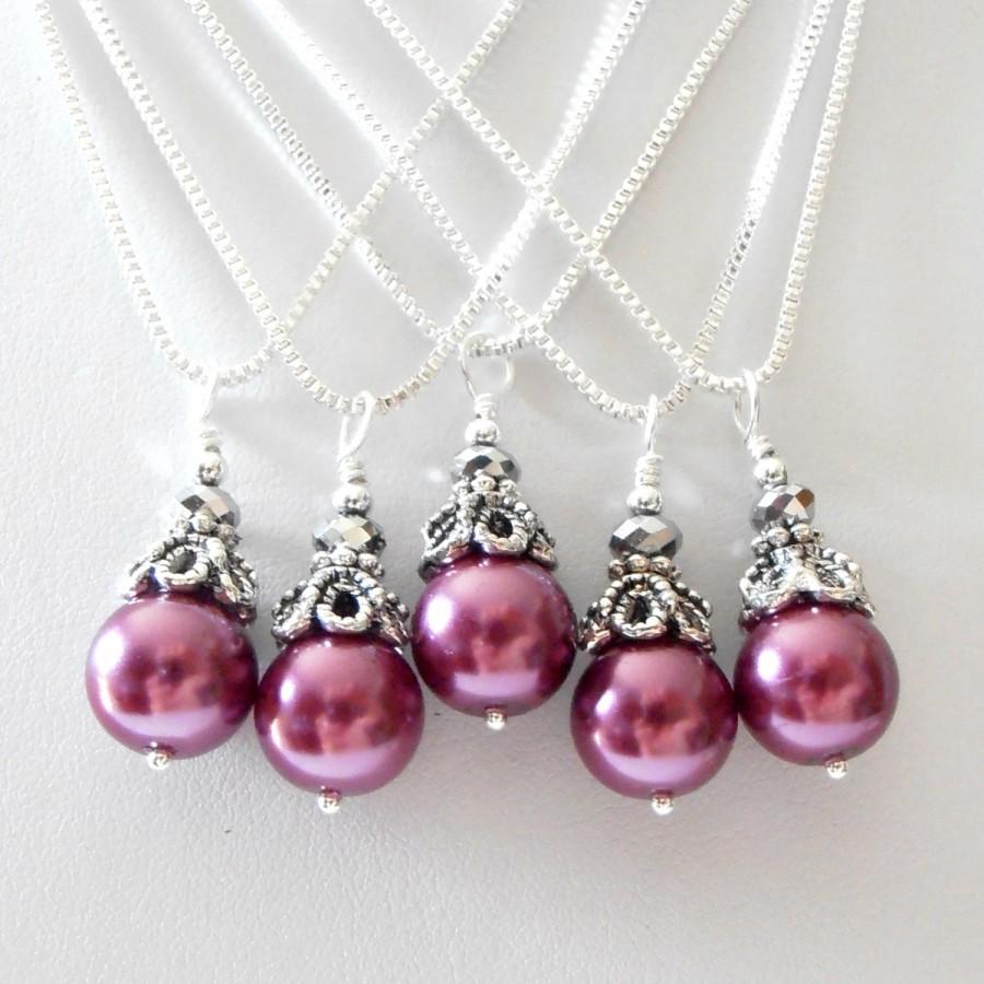 Mariage - Plum Bridesmaid Jewelry Purple Pearl Necklace Sangria Weddings Beaded Pendant Silver Plated Chain Handmade Jewelry Mulberry Bridesmaid Gift