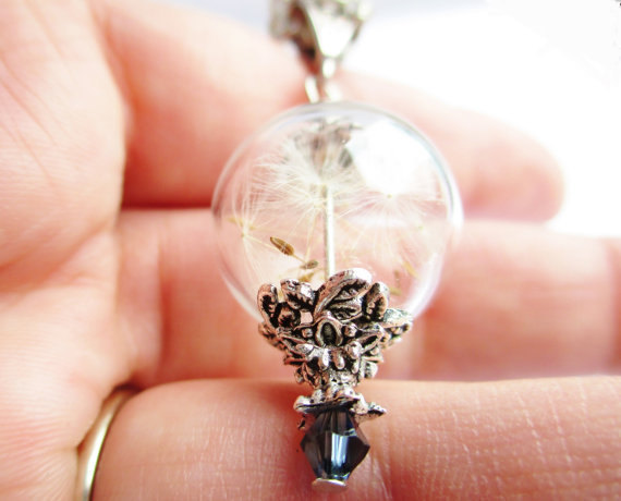 زفاف - Dandelion Seed Glass Orb Terrarium Necklace with a Blue Crystal, Small Orb In Silver, Bridesmaids Gifts, Nature Inspired Hipster Jewelry
