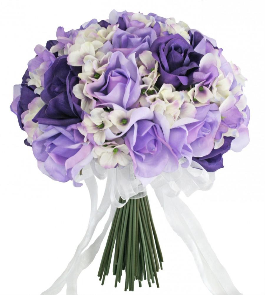 Hochzeit - Hydrangea Rose Purple Lavender Hand Tie Large - Silk Bridal Wedding Bouquet