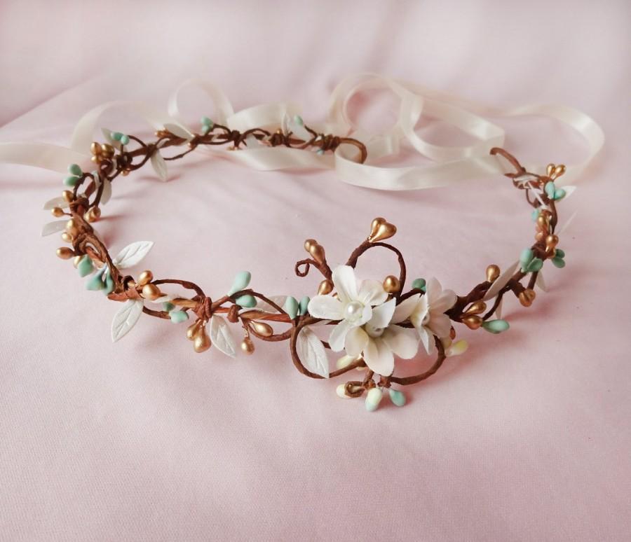 Mariage - mint headband, gold hair accessories, bridal headband, wedding headpiece, mint wedding hair piece, mint flower crown, floral crown bridal