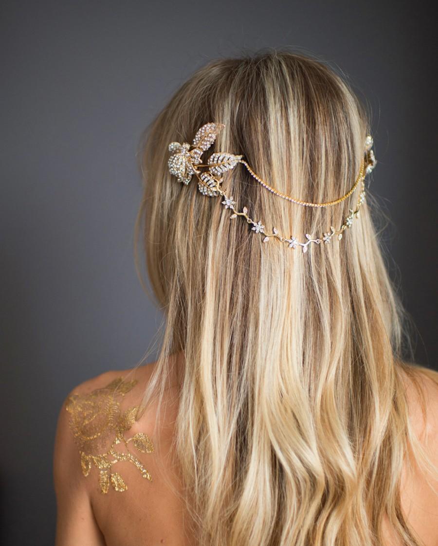 Wedding - Grecian Gold Halo Hair Wrap, Gold Hair Chain, Wedding Gold forehead band, Draped Wedding Hair Comb, Boho Wedding Headpiece - 'SADIE'