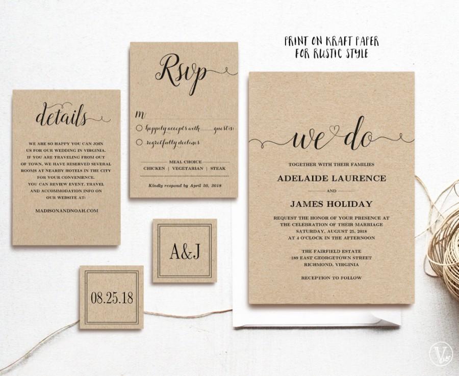 Rustic Wedding Invitation Template, 5-Piece Printable ...