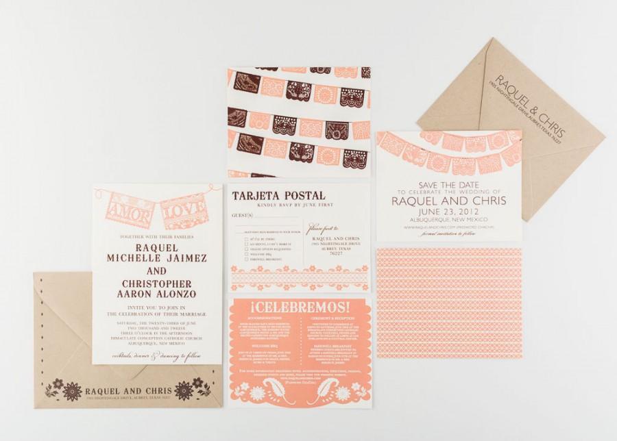 Wedding - Wedding Invitation, Fiesta Papel Picado Banner Wedding Collection, Spanish Themed Wedding as featured by New Mexico Wedding Magazine