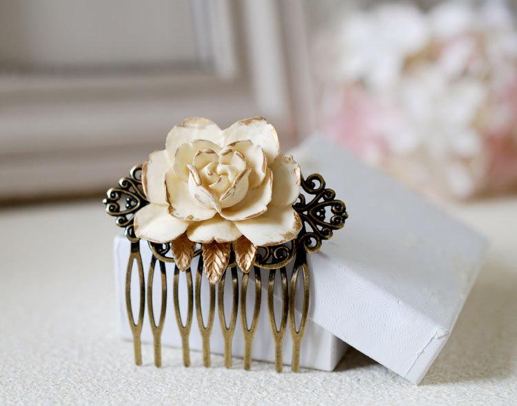 Hochzeit - Ivory Rose Hair Comb. Ivory Cream Rose with Gold Petals Brass Filigree Hair Comb, Vintage Inspired Shabby Chic, Bridal Wedding Hair Comb