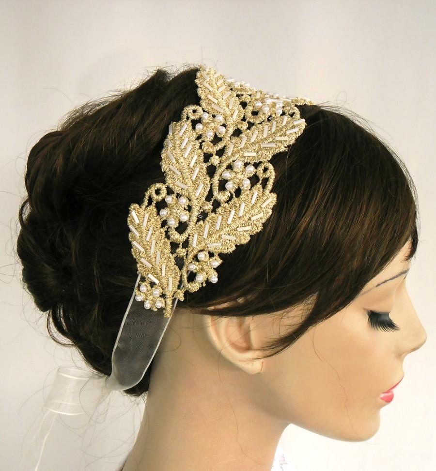 Свадьба - Roman Style Gold Lace Bridal Headband. Handmade. Unique Design