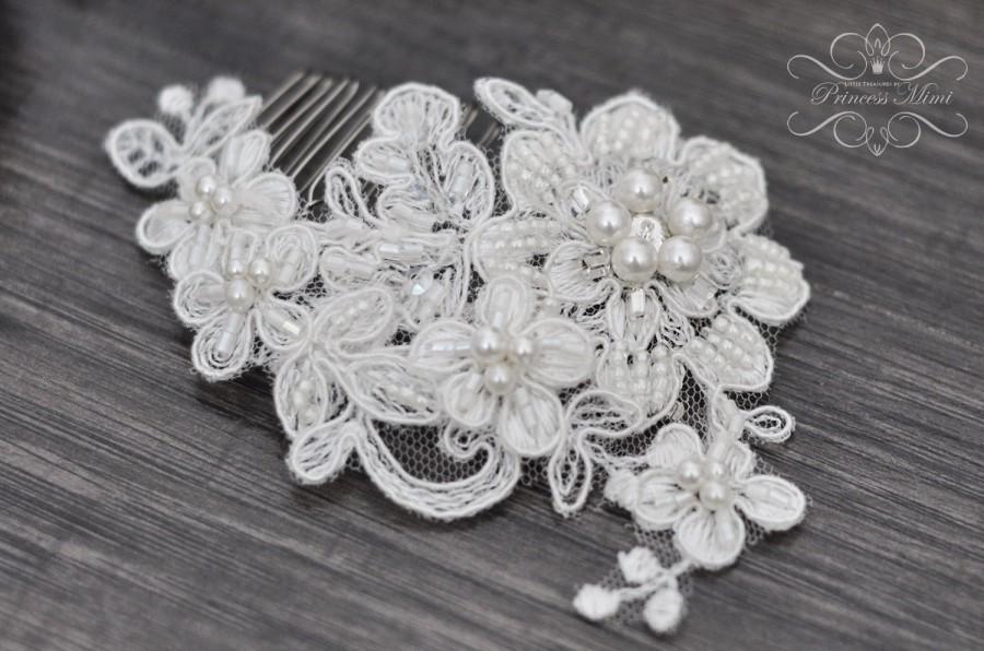 زفاف - Vintage Bridal Hair Comb, Wedding Headpiece Fascinator with Beaded Lace in Ivory/ Perls / Flowers