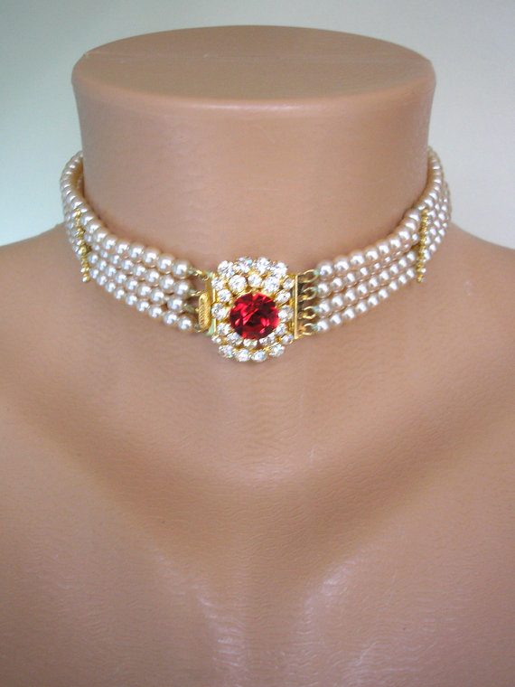 Hochzeit - Pearl and Ruby Bridal Set, Pearl Choker, Wedding Pearl Necklace, Bridal Necklace, Great Gatsby, Art Deco, Pearl And Rhinestone, Downton