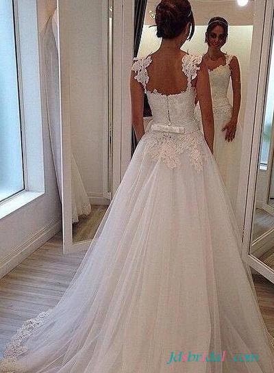 Hochzeit - Modest illusion lace straps tulle a line wedding dresses