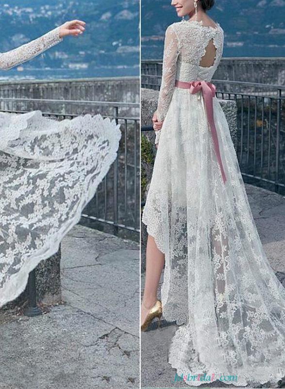زفاف - Romantic beach lace high low wedding dresses with sleeves