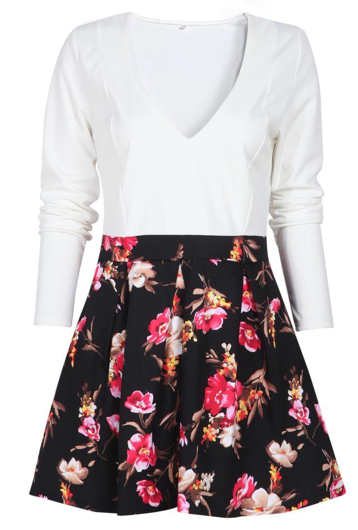 زفاف - White V Neck Floral Print A Line Dress -SheIn(Sheinside)