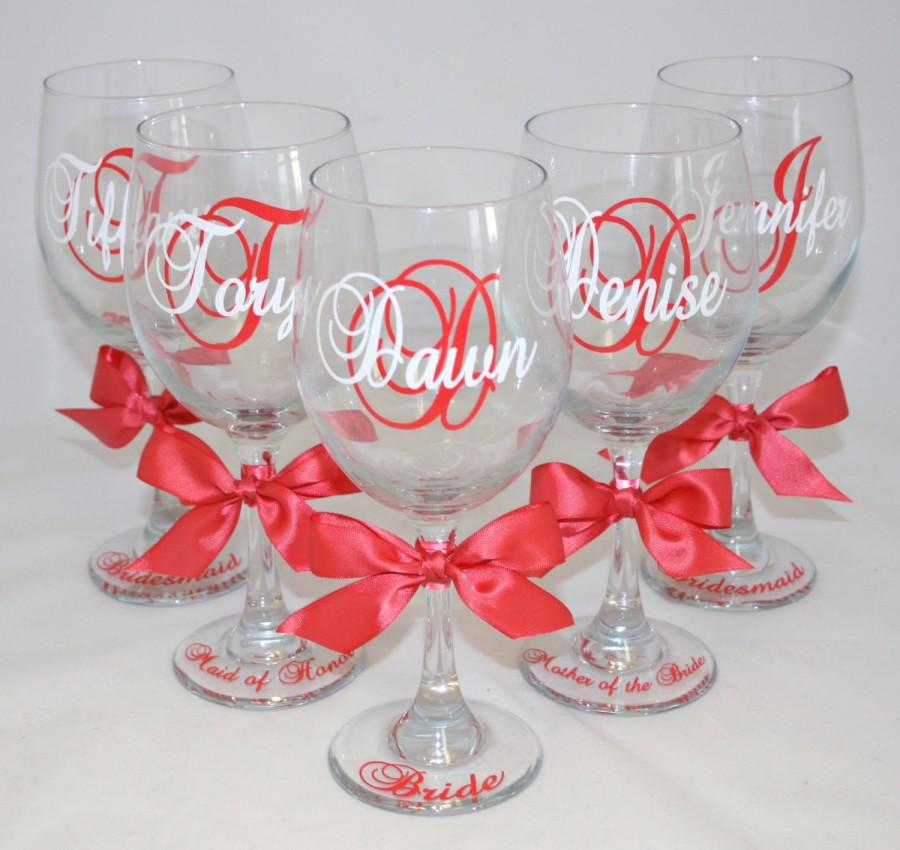 Hochzeit - 7 Personalized Bride and Bridesmaid Wine Glasses
