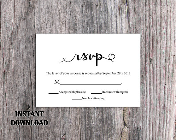 Hochzeit - DIY Wedding RSVP Template Editable Word File Instant Download Heart Rsvp Template Printable RSVP Cards Black Rsvp Card Elegant Rsvp Card