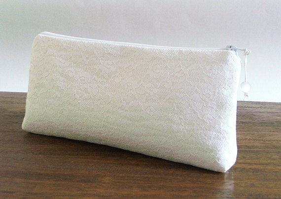 Hochzeit - White Wedding Clutch, White Lace Clutch for Bride, Bridesmaid Lace Purse, Cosmetic Clutch for Bride
