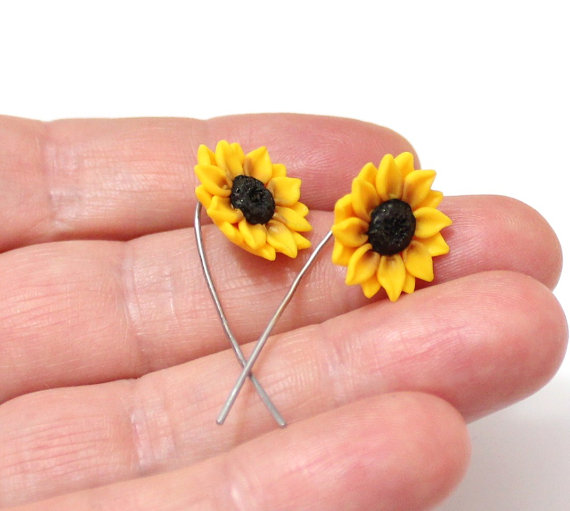 Mariage - Yellow Sunflower with a Long Stem,Yellow Flower Post Earrings,Jewelry Yellow Sunflower, Wedding Earrings, Bridesmaid Jewelry, Unique Jewelry