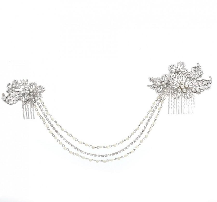 Mariage - Bridal drape headpiece. Double comb triple chain crystals and pearls forehead or hairpiece