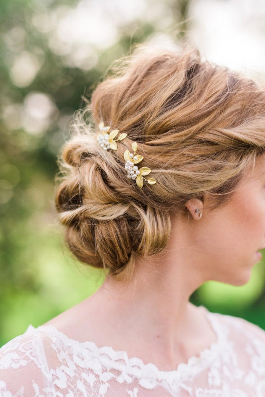 Hochzeit - Set of 2 Gold leaf hair pin pearl hair pin bridal hair pin pearl cluster hair pin Grecian hair pin bohemian hair pin gold bridal hair pin#73