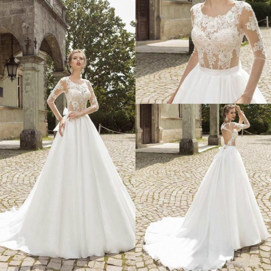 Wedding - Charming Long Sleeves Lace Wedding Dresses Scoop Hollow Sheer Applique Beaded Chapel Train Spring Fall Garden Bridal Ball Gowns New Arrival Online with $109.03/Piece on Hjklp88's Store 