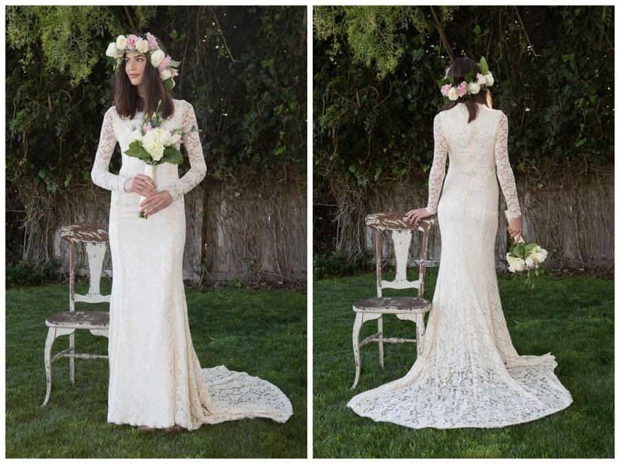 Wedding - Elegant Long Sleeves Mermaid Modest Wedding Dresses Lace Illusion 2016 Spring Sweep Crew Neck Custom Made Ivory Bridal Gowns Church Garden Online with $104.39/Piece on Hjklp88's Store 