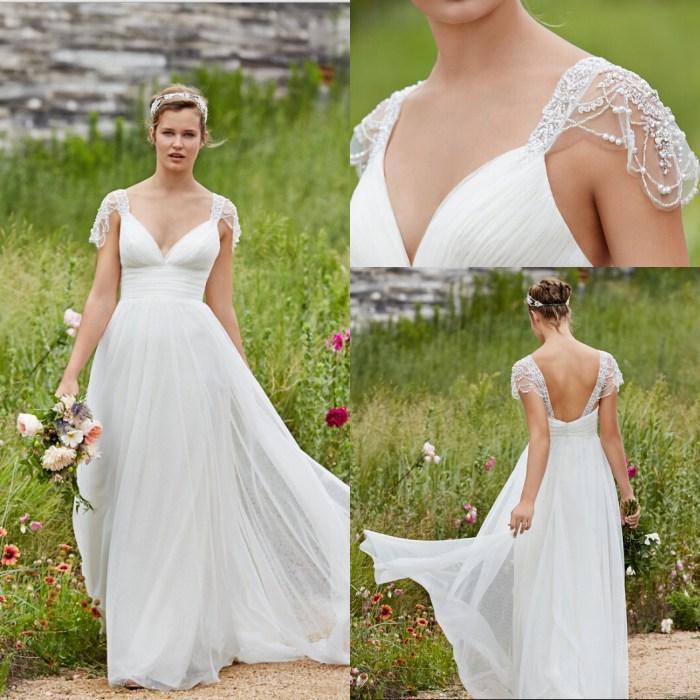 Hochzeit - Garden Lihi Hod Wedding Dresses V Neck Cap Sleeve Low Back Pearls Beading Sequins Lace Chiffon Beach Boho Bohemian Bridal Ball Gowns Online with $96.65/Piece on Hjklp88's Store 