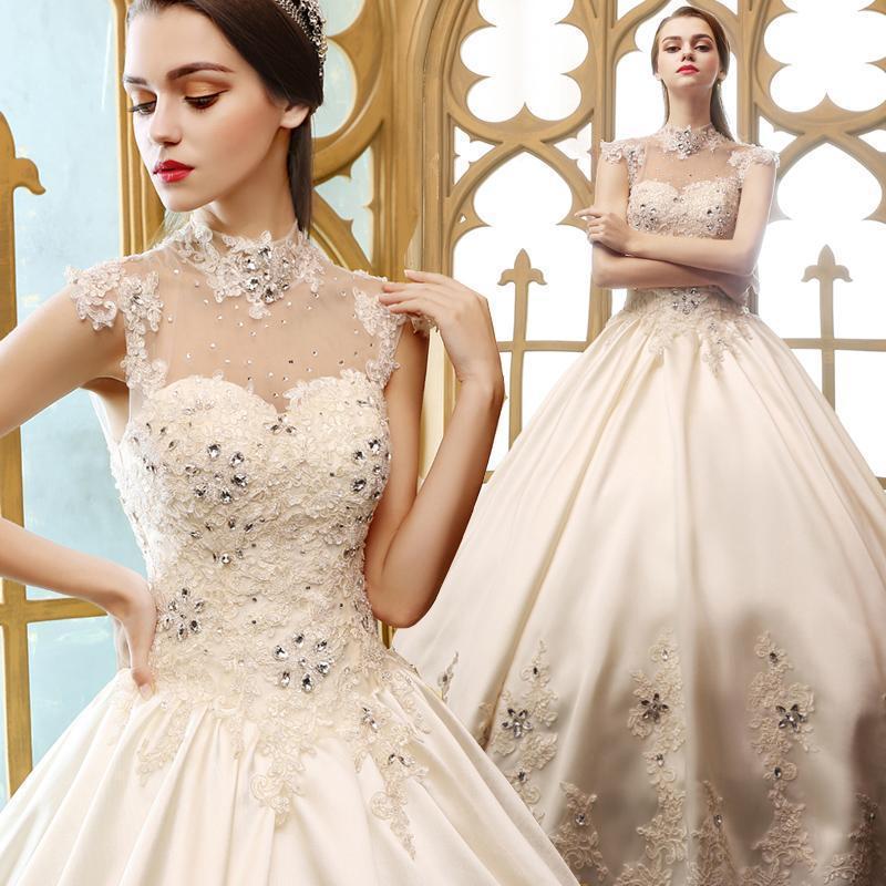 Hochzeit - Vintage High Neck Crystals Beaded Wedding Dresses Satin Ball Gowns Lace Appliques Hollow Lace-up Back Sheer Neck Wedding Gowns Custom Online with $115.98/Piece on Hjklp88's Store 
