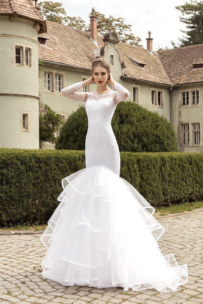 Hochzeit - New Arrival White Mermaid Wedding Dresses Lace Applique 2016 Illusion Bodice Long Sleeves Ruffle Sheer Tulle Bridal Gown Dress Custom Online with $109.03/Piece on Hjklp88's Store 