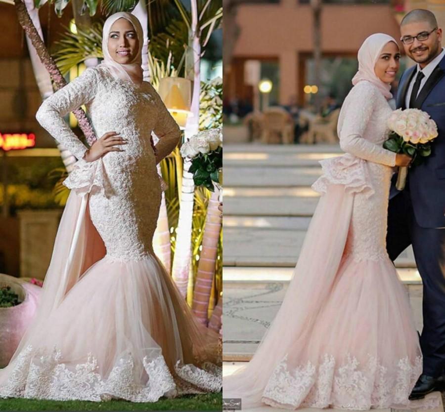 Mariage - Luxurious Lace 2016 Arabic Muslim Wedding Dresses Mermaid Color Long Sleeves Beaded Wedding Gowns Vintage Light Pink Bridal Dresses Online with $122.17/Piece on Hjklp88's Store 