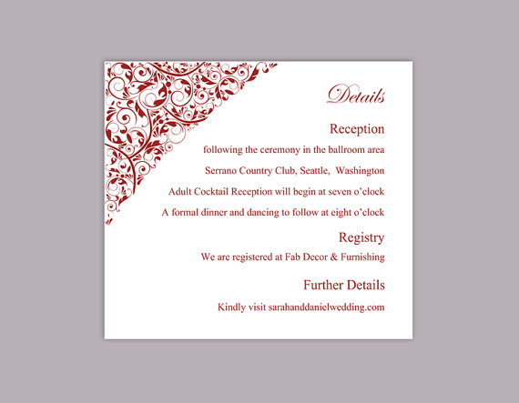 زفاف - DIY Wedding Details Card Template Editable Text Word File Download Printable Details Card Wine Red Details Card Elegant Enclosure Cards