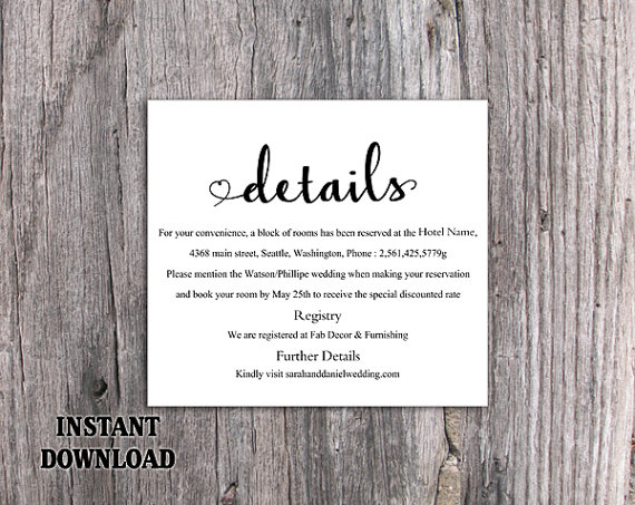 Свадьба - DIY Wedding Details Card Template Editable Word File Instant Download Printable Heart Details Card Black Details Card Elegant Enclosure Card