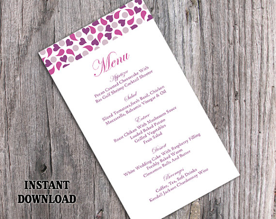 Hochzeit - Wedding Menu Template DIY Menu Card Template Editable Text Word File Instant Download Purple Menu Heart Menu Card Eggplant Printable Menu