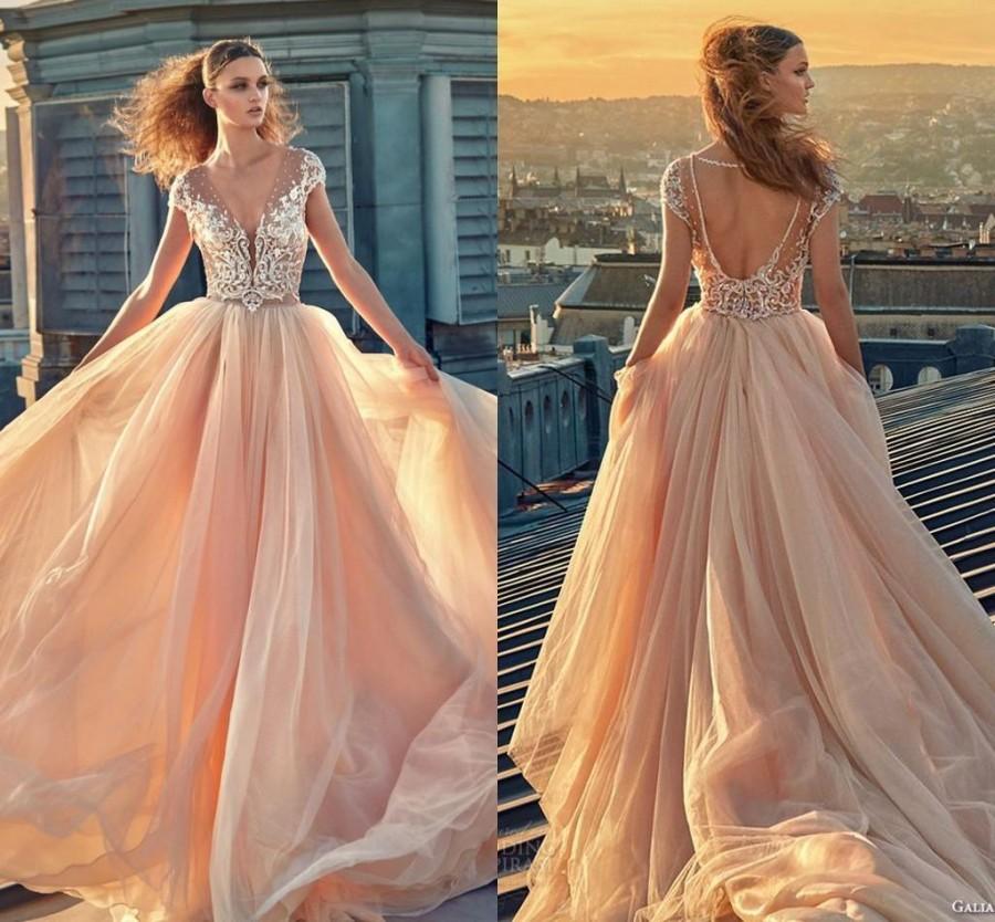 Hochzeit - Modest Plus Size Blush Lace Cap Sleeve Wedding Dresses Backless Tulle Galia Lahav's Fall 2016 V-neck Chapel Train Bridal Ball Gown Online with $108.25/Piece on Hjklp88's Store 