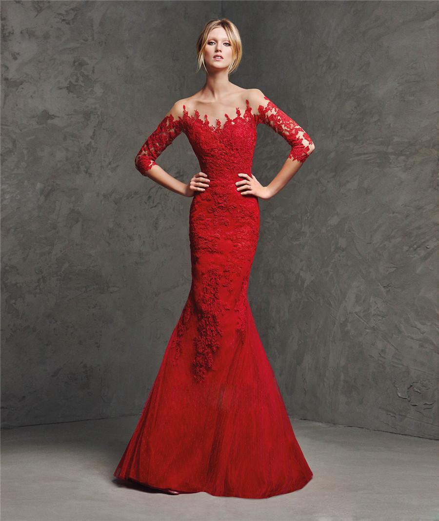 Wedding - Sexy Red Mermaid Evening Dresses 3/4 Long Sleeve Lace Floor Length Dresses For Proms Applique Women Party Formal Dresses Illusion Gowns Online with $107.6/Piece on Hjklp88's Store 