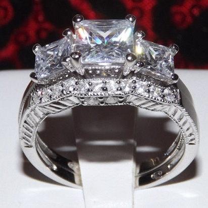 Wedding - 2.86ct 3 Stone Princess Cut Engagement Band Wedding Ring Set Diamond Simulated 925 Sterling Silver Platinum ep Women's Bridal Size 5 6 7 8 9