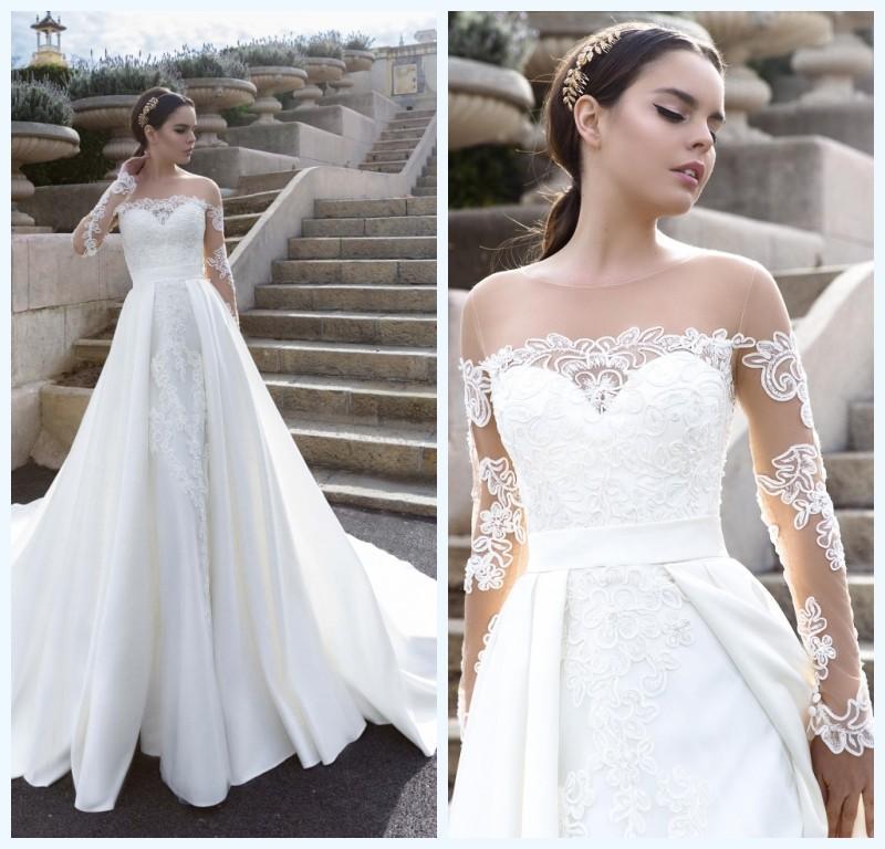 Свадьба - Vintage 2016 Lace Wedding Dresses Long Sleeves Satin Over Skirts 2016 Cheap Bridal Ball Gowns Sheer Crew Vestidos De Novia Online with $113.66/Piece on Hjklp88's Store 