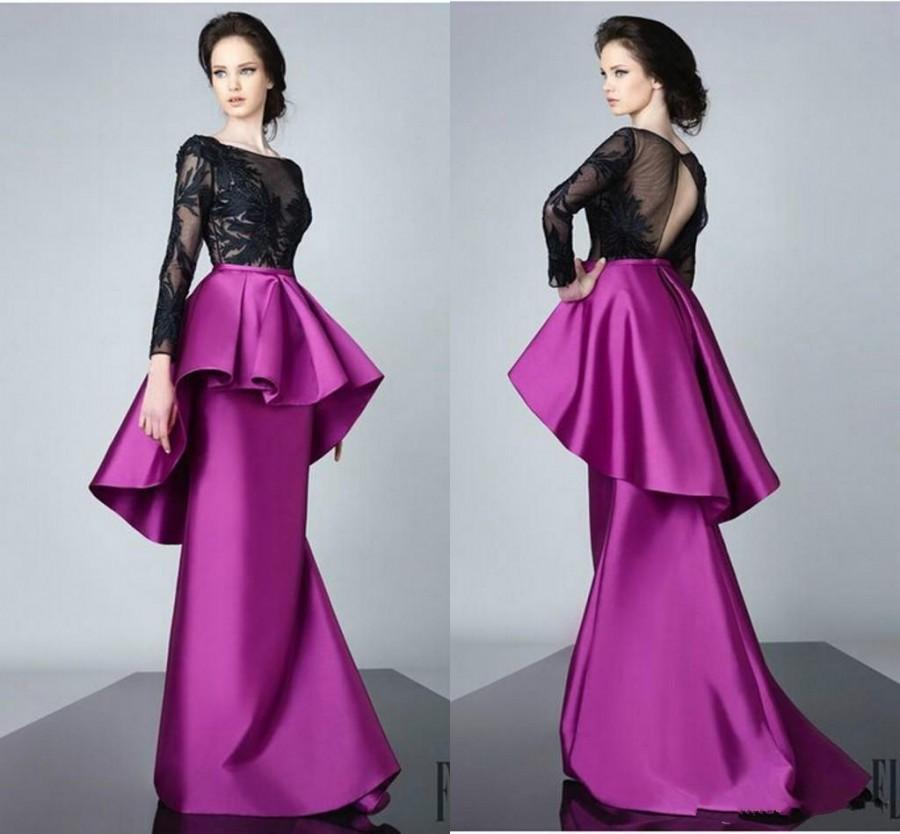 Mariage - New Style 2016 Fushia Satin Peplum Evening Dresses Backless Sheer Sheath Long Sleeves Illusion Appliques Black Prom Gowns Sexy Party Formal Online with $117.02/Piece on Hjklp88's Store 