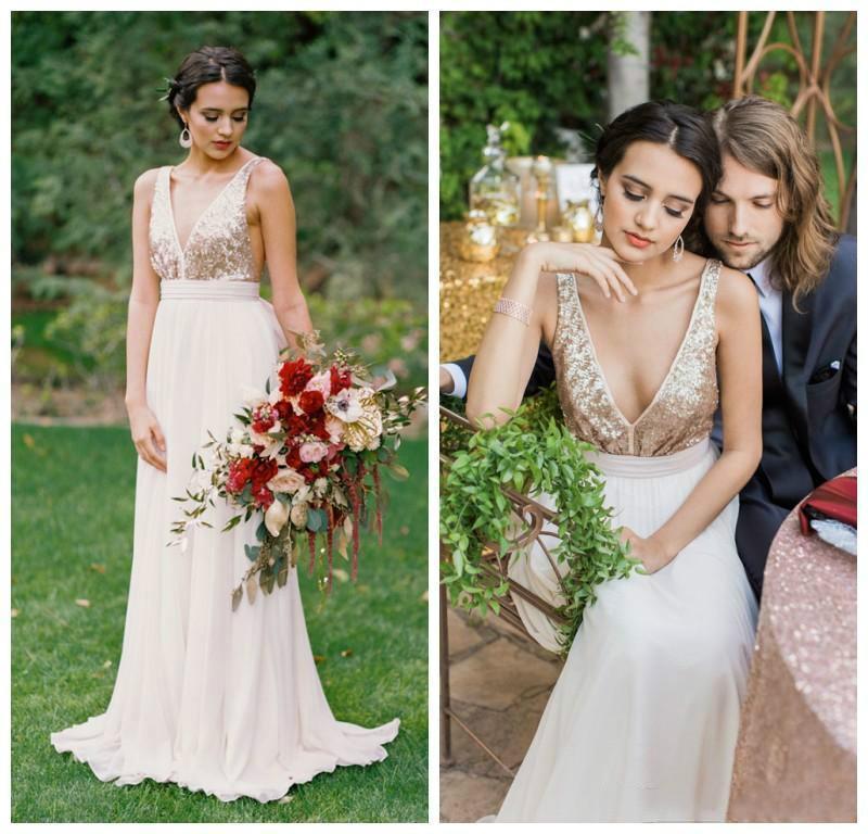 Wedding - Hot Sale Rose Gold Sequinned Wedding Dresses Backless V-Neck Summer Garden Floor Length Chiffon Sexy Back Bridal Ball Gowns Custom Online with $98.2/Piece on Hjklp88's Store 